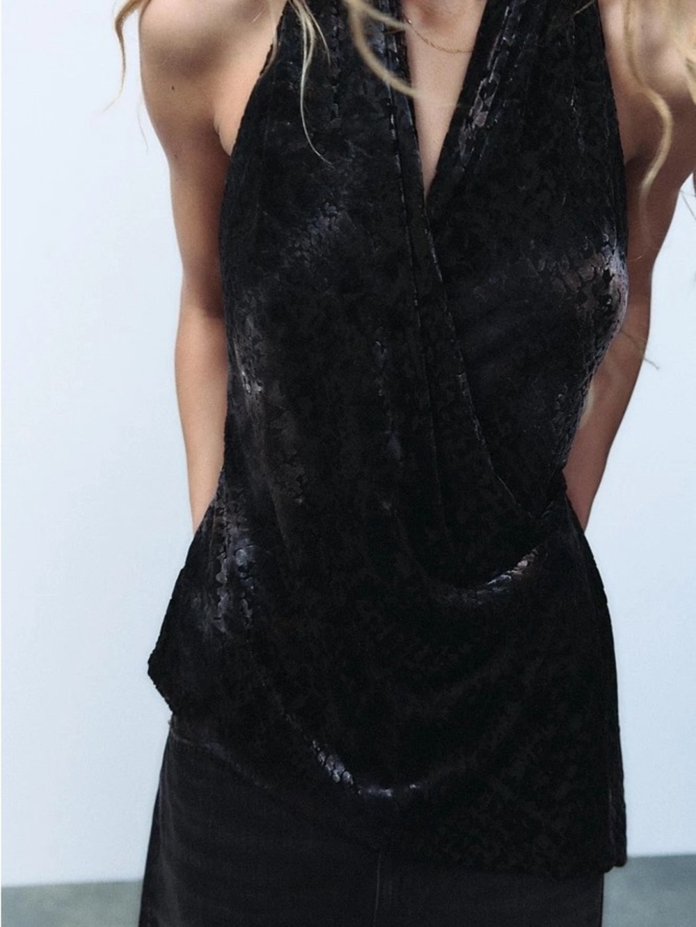 Zara Flocked Halter Top L Velvet Burnout Plunge V Neck Asymmetric Hem Small